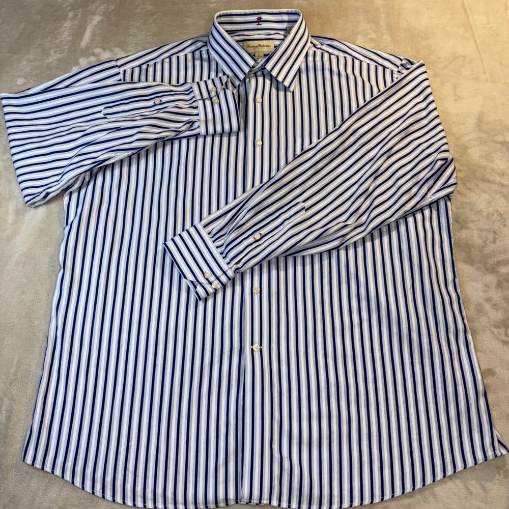 Tommy Bahama Mens Blue White Striped Cotton Button Down Shirt 17 34-35 XL